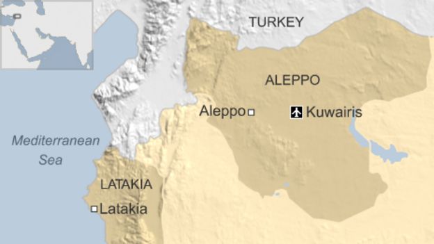 Map of Syria showing location of Kuwairis airbase