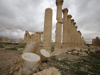 Columns in the courtyard of the Temple of Bel at the ancient city of Palmyra on March 14, 2014. (Credit: JOSEPH EID/AFP/Getty Images)