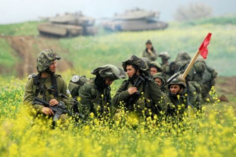 IDF infantry soldiers on the Golan Heights, with tanks in the background.